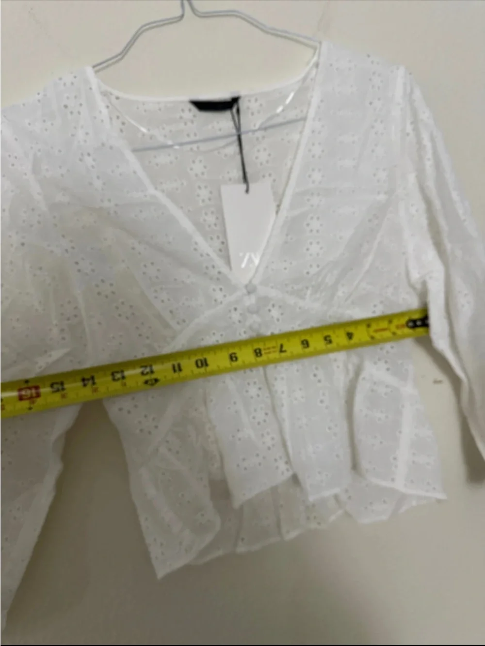 Zara White Eyelet V-Neck Peplum Blouse